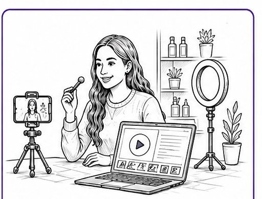 Cartoon: young vlogger filming content with AI editing tools