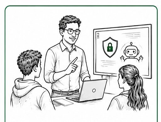 Cartoon: educator teaching cybersecurity to teens at a screen