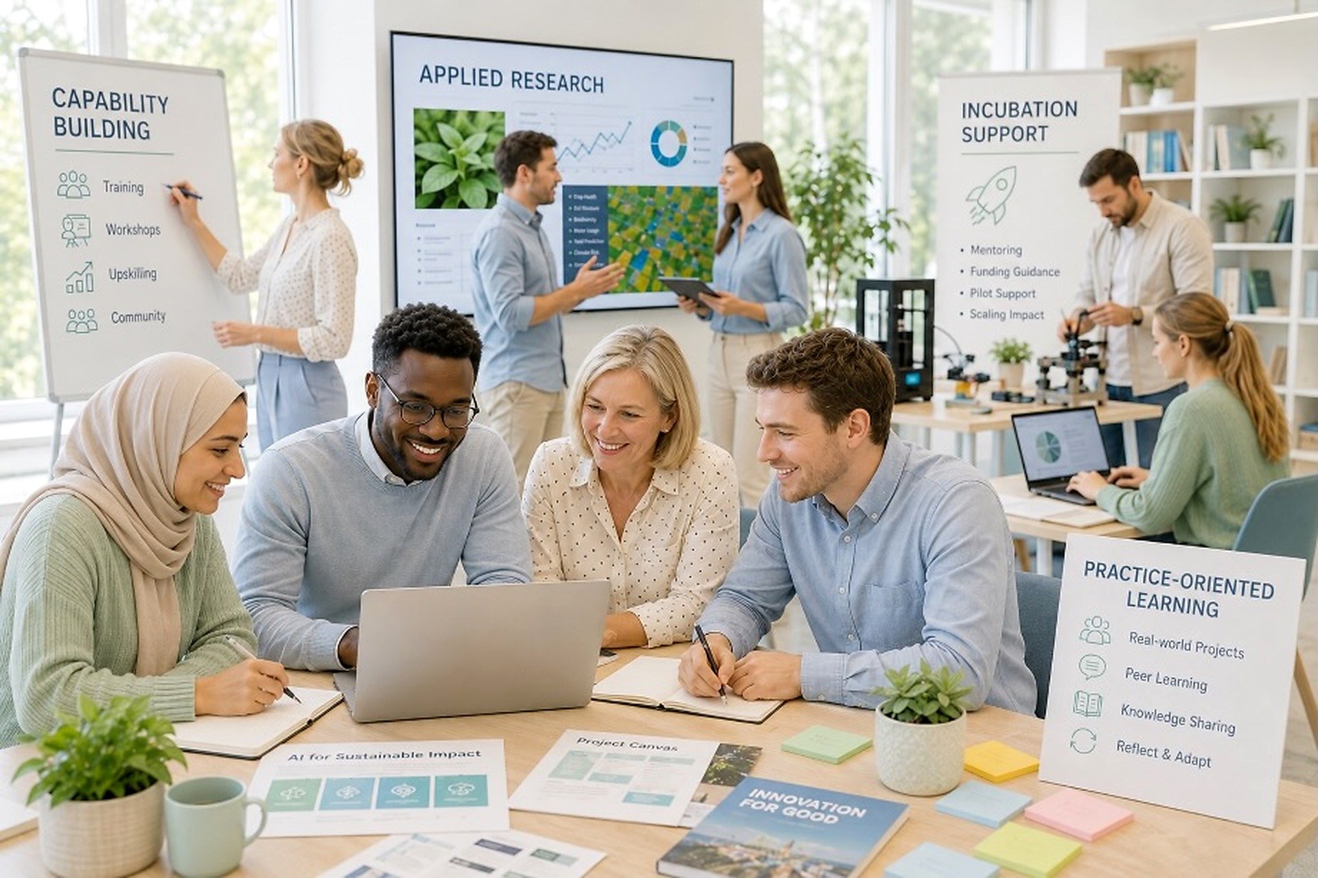 AIforAll Global team collaborating, with four labels around them: Capability Building, Applied Research, Incubation Support, and Practice-Oriented Learning.